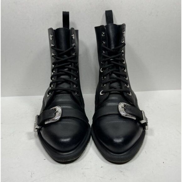 Dr. Martens Ulima Boots Womens Sz 8 Black Leather Lace Up Buckle Toe Moto Biker - Picture 2 of 8